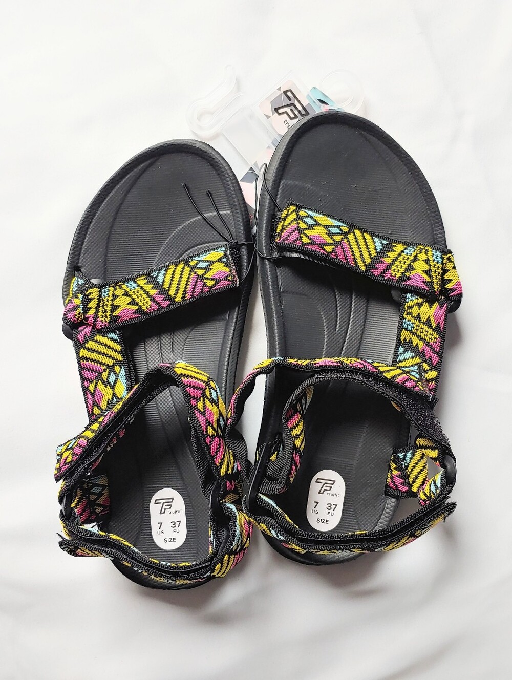 Trufit Women's Yellow & Black Tribal Design Velcro Trekking/ Outdoor Sandals, 7